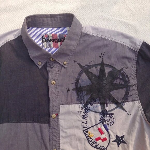 We Love Desigual Long Sleeve Grey Shirt Patchwork Compass XL Embroidery Funky - Picture 8 of 8